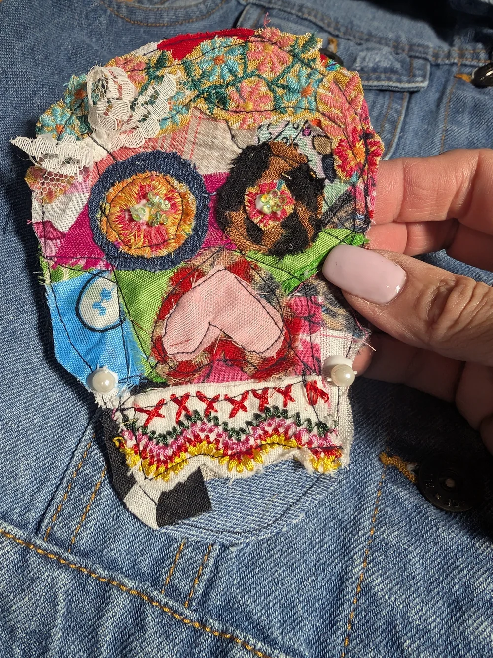 Handmade Multicolor Fabric Skull Brooch - Women Accessories